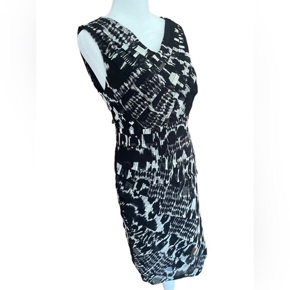 Adrianna Papell black/cream layered net sleeveless v neck dress, lined, size 6. - Picture 7 of 9